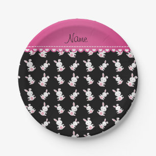 Personalized name black white bunnies pink stripe paper plate