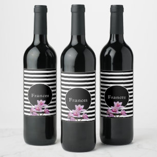 Personalized Name Black & White Stripe w Orchids Wine Label
