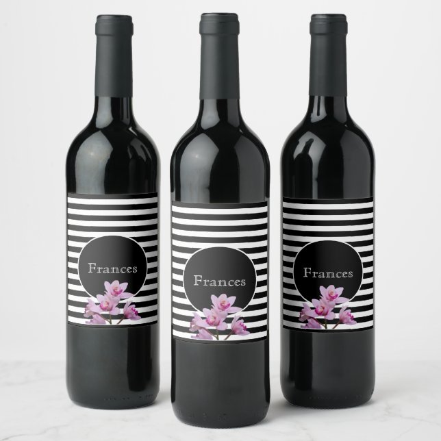 Personalized Name Black & White Stripe w Orchids Wine Label (Bottles)