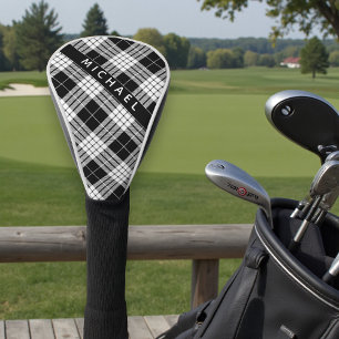 Personalized Name Black & White Tartan Pattern Golf Head Cover