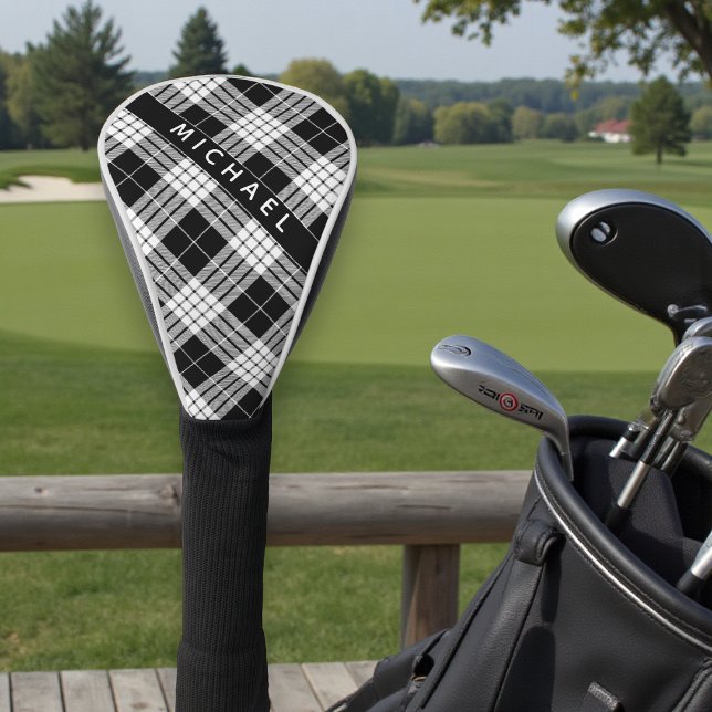 Personalized Name Black & White Tartan Pattern Golf Head Cover (Creator Uploaded)