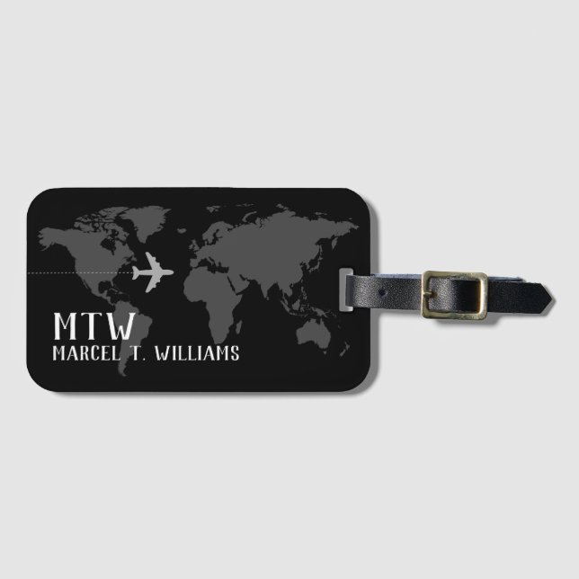 Personalized name Black worldmap travel Luggage Tag (Front Horizontal)