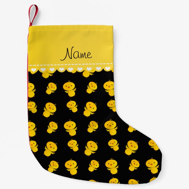 Personalized name black yellow chicks small christmas stocking (Front)