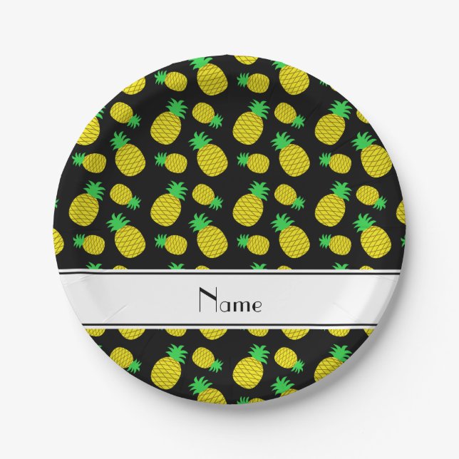 Personalized name black yellow pineapples paper plate (Front)