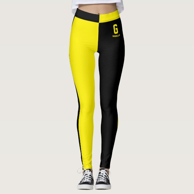 Personalized Name Black Yellow Stripes Monogram Leggings (Front)
