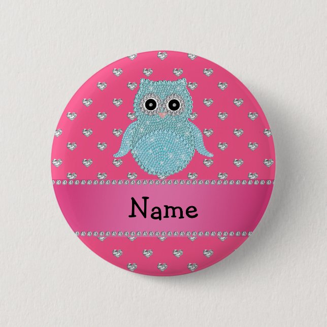 Personalized name bling owl diamonds pink hearts 2 inch round button (Front)