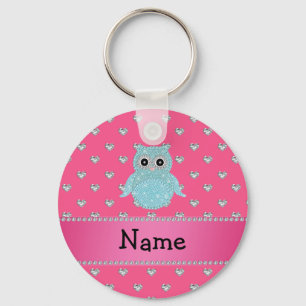 Personalized name bling owl diamonds pink hearts keychain