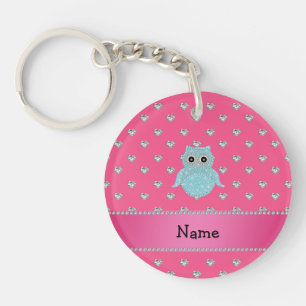 Personalized name bling owl diamonds pink hearts keychain