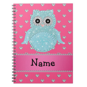 Personalized name bling owl diamonds pink hearts notebook