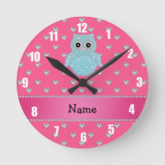Personalized name bling owl diamonds pink hearts round clock (Front)