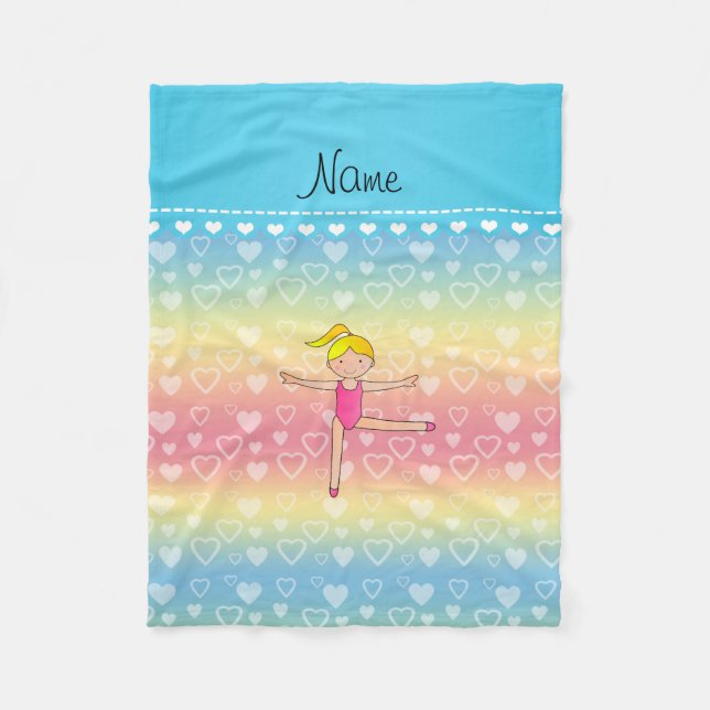 Personalized name blonde gymnast rainbow hearts fleece blanket (Front)