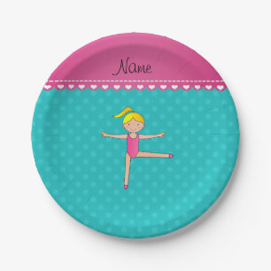 Personalized name blonde gymnast turquoise dots paper plate