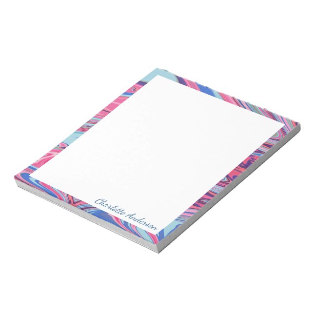 Personalized Name Blue Abstract Marble Border Notepad (Rotated)