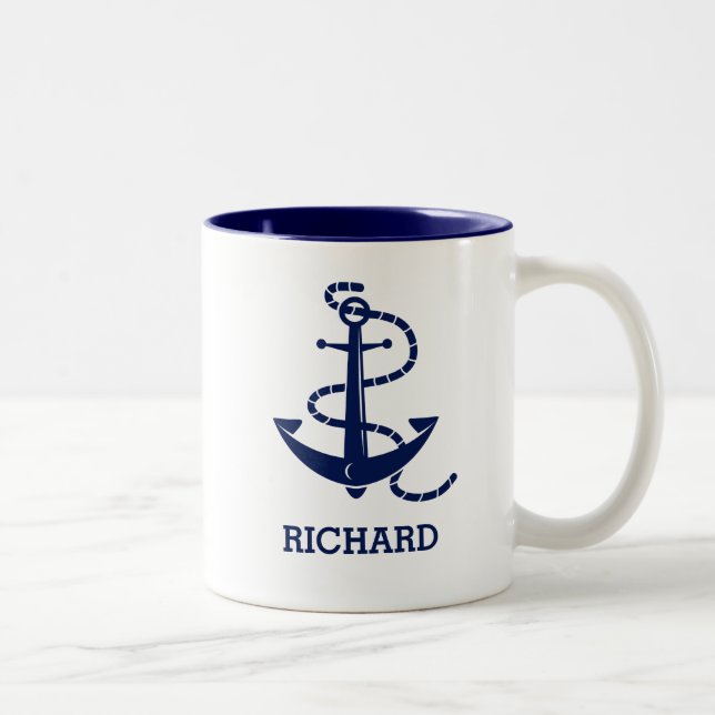 Personalized Name Blue Anchor Nautical Coffee Mug (Right)