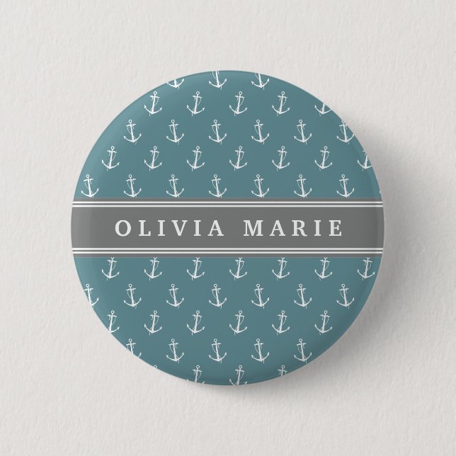 Personalized Name Blue Anchor Pattern 2 Inch Round Button (Front)