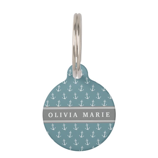 Personalized Name Blue Anchor Pattern Pet Tag (Front)