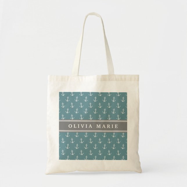 Personalized Name Blue Anchor Pattern Tote Bag (Front)