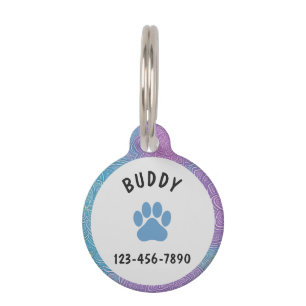 Personalized Name Blue and Purple Floral Paw Print Pet Tag