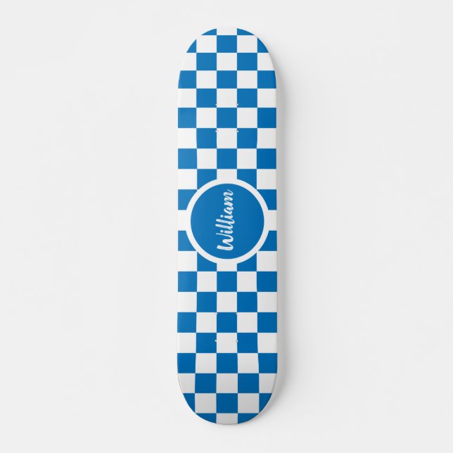 Personalized Name blue and white Chequerboard Skateboard (Front)