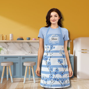 Personalized Name Blue Blossoms Striped Design Apron