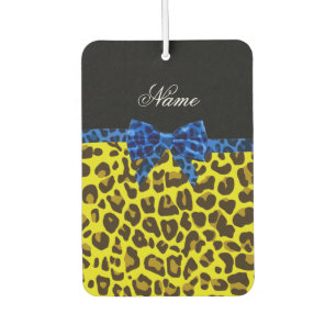 Personalized name blue bow yellow leopard air freshener