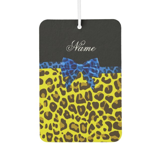 Personalized name blue bow yellow leopard air freshener (Front)