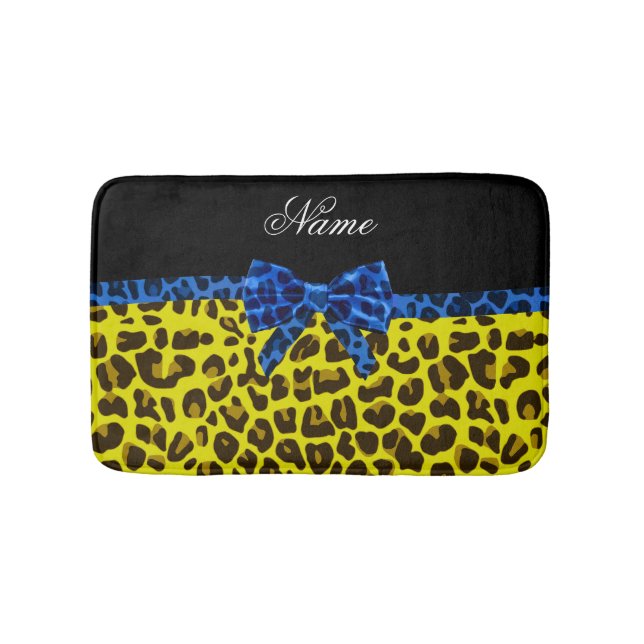 Personalized name blue bow yellow leopard bath mat (Front)