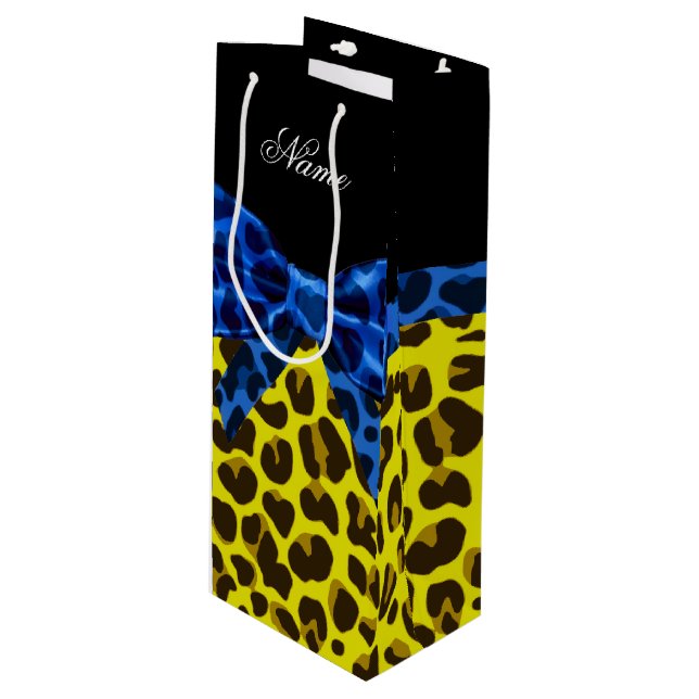 Personalized name blue bow yellow leopard wine gift bag (Front Angled)