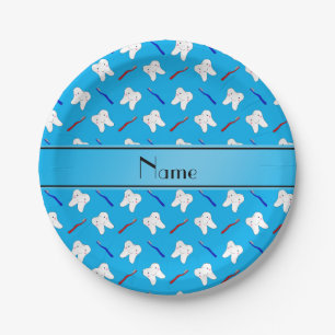 Personalized name blue brushes and tooth pattern paper plate