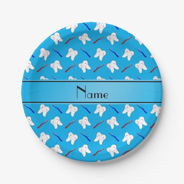 Personalized name blue brushes and tooth pattern paper plate (Front)