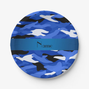 Personalized name blue camouflage blue stripe paper plate