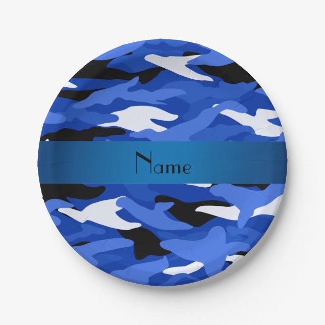 Personalized name blue camouflage blue stripe paper plate (Front)