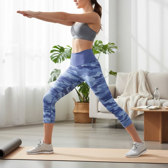 Personalized Name Blue Camouflage Pattern Capri Leggings (Creator Uploaded)
