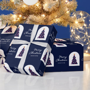 Personalized Name Blue Chequered Christmas Tree Wrapping Paper