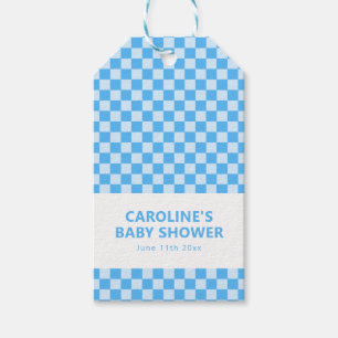 Personalized Name Blue Chequered Retro Baby Shower Gift Tags