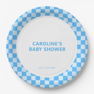 Personalized Name Blue Chequered Retro Baby Shower Paper Plate