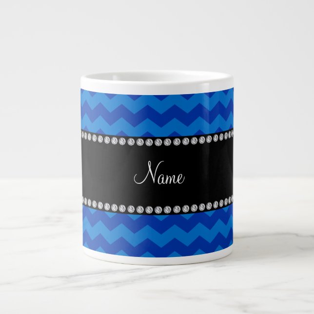 Personalized name blue chevrons large coffee mug (Front)