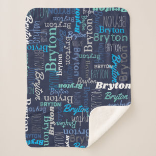 Personalized name blue cyan aqua print all over sherpa blanket