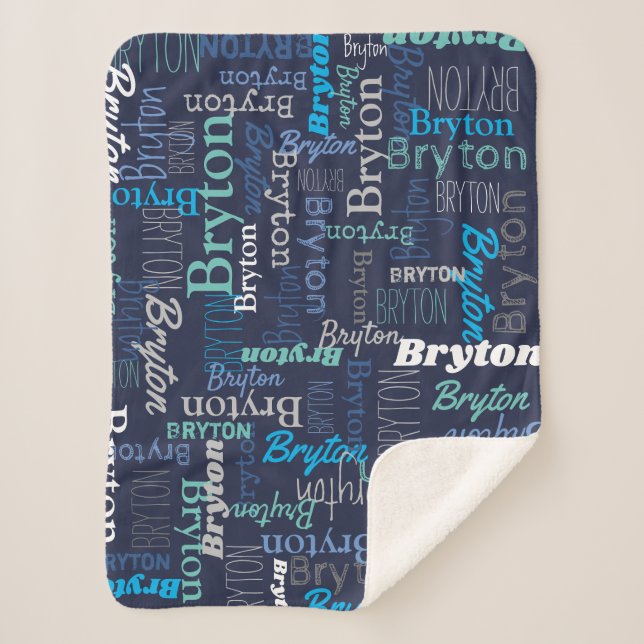 Personalized name blue cyan aqua print all over sherpa blanket (Front)