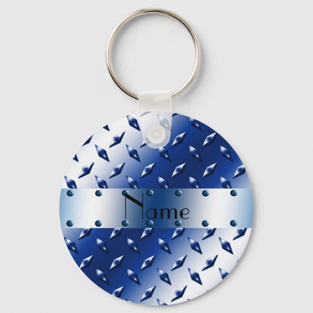 Personalized name blue diamond plate steel keychain (Front)