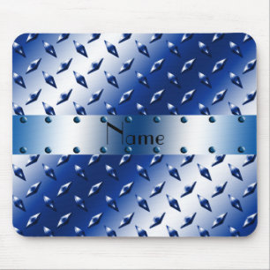 Personalized name blue diamond plate steel mouse pad