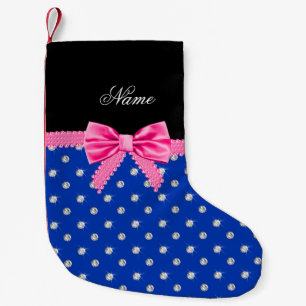 Personalized name blue diamonds pink bling bow small christmas stocking