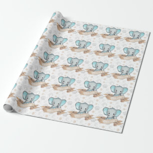 Personalized Name Blue Elephant Baby Boy Pattern Wrapping Paper