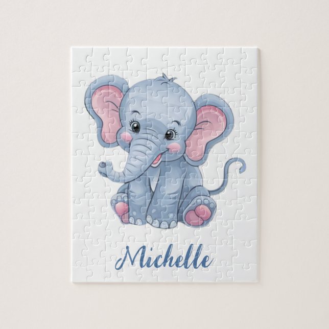 Personalized Name Blue elephant Girl's Jigsaw Puzzle (Vertical)