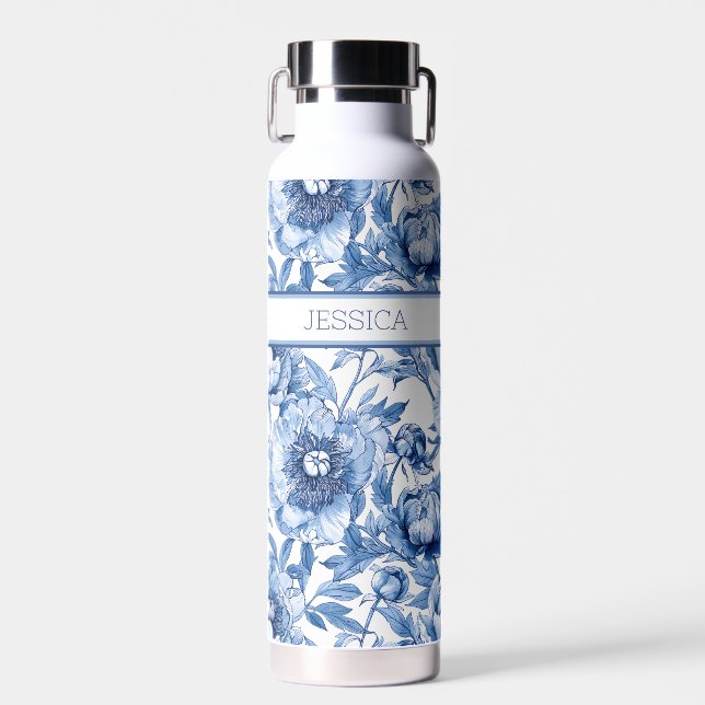 Personalized Name Blue Floral Travel Flower Chic Water Bottle (Front)