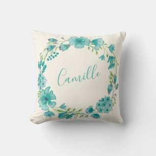 Personalized Name Blue Floral Wreath Home Decor Throw Pillow