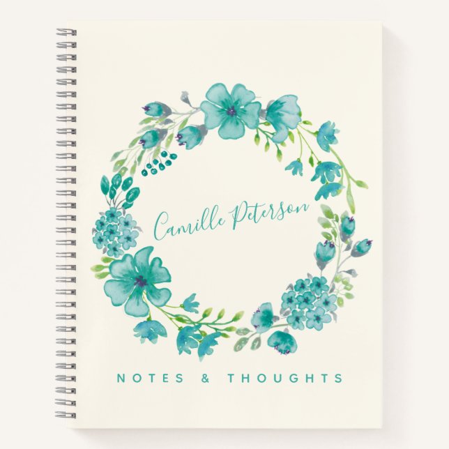 Personalized Name Blue Floral Wreath Stylish Chic Notebook (Front)