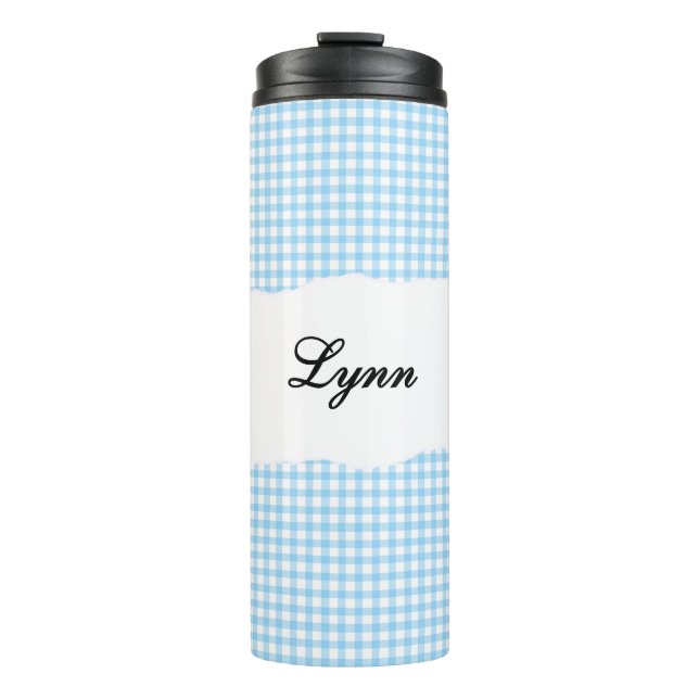 Personalized Name Blue Gingham Pattern Thermal Tumbler (Front)