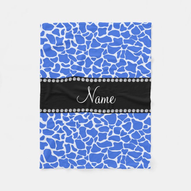 Personalized name blue giraffe pattern fleece blanket (Front)