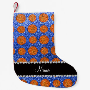 Personalized name blue glitter basketballs small christmas stocking